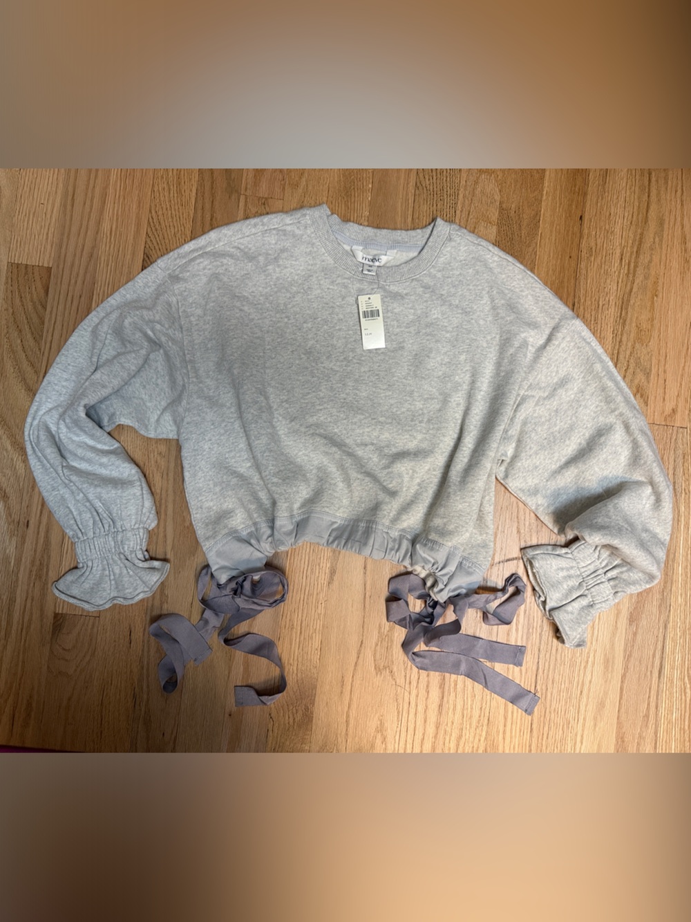 Anthropologie Maeve Light Gray Crewneck Sweatshirt with Ribbon Ties